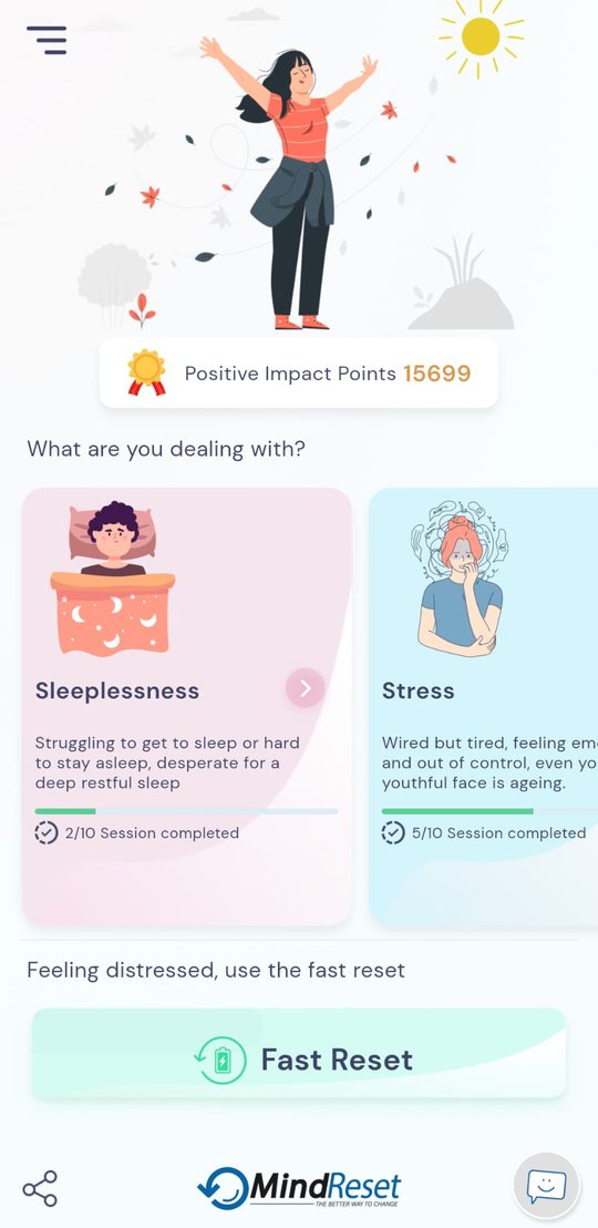 MindReset app home screen with programmes for sleeplessness and stress, and a Fast Reset button